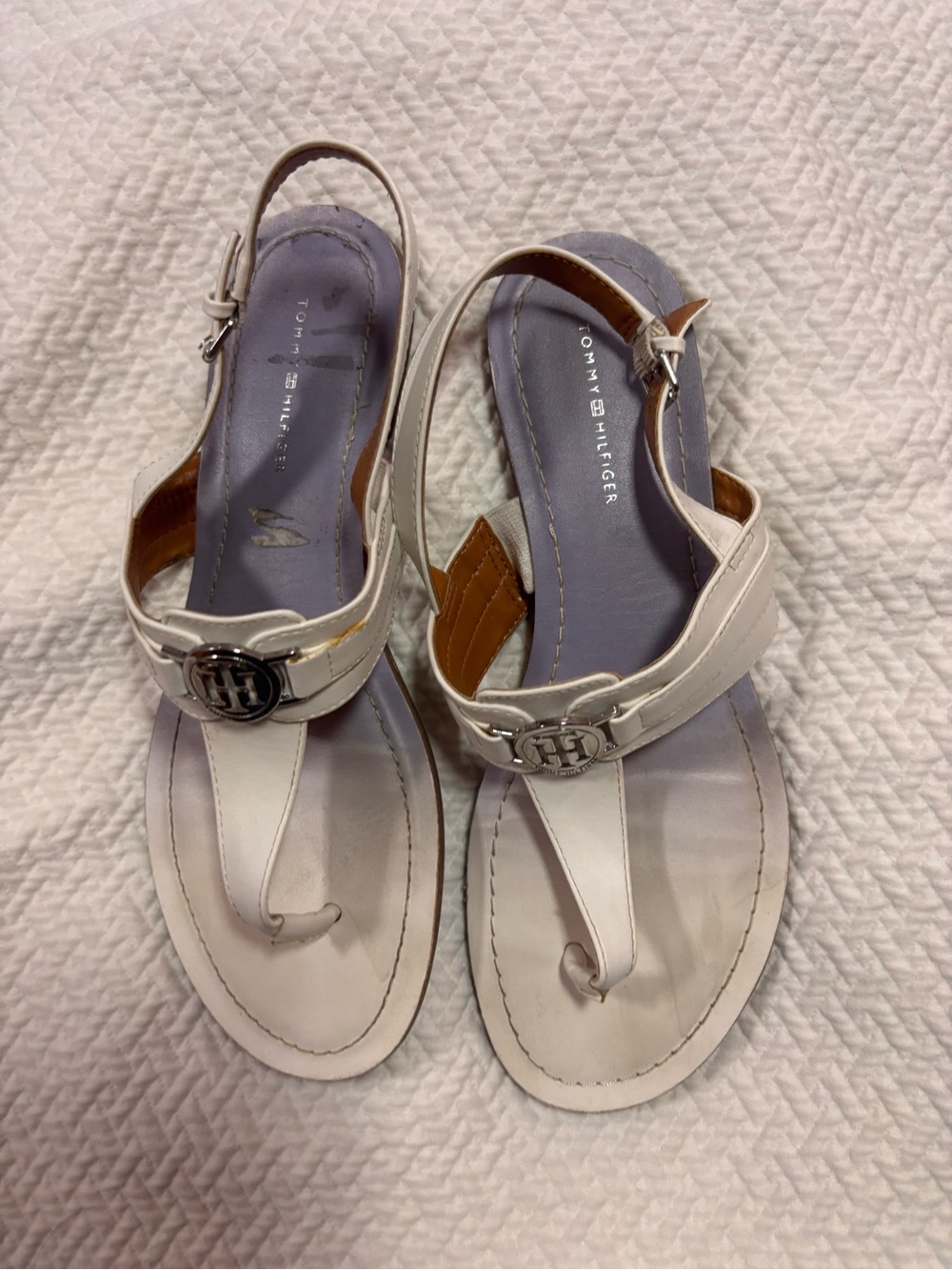 Tommy Hilfiger White Leather T-Strap Slingback Sandals with Logo Accent